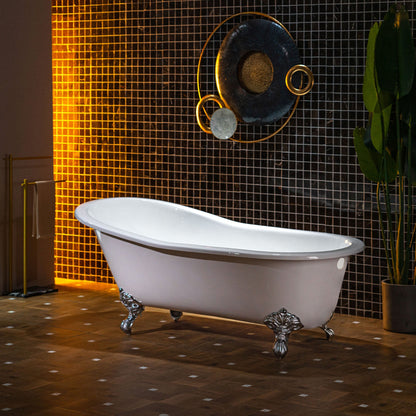 WOODBRIDGE 67" Enameled Cast Iron Single Slipper Clawfoot Bathtub with Chrome Iron Feet, White,TC0167