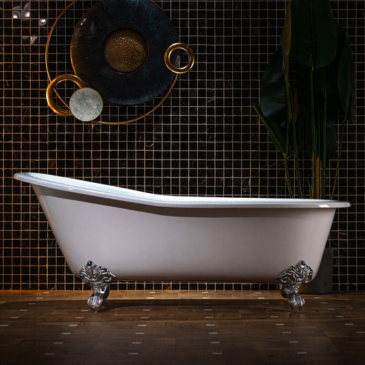 WOODBRIDGE 67" Enameled Cast Iron Single Slipper Clawfoot Bathtub with Chrome Iron Feet, White,TC0167