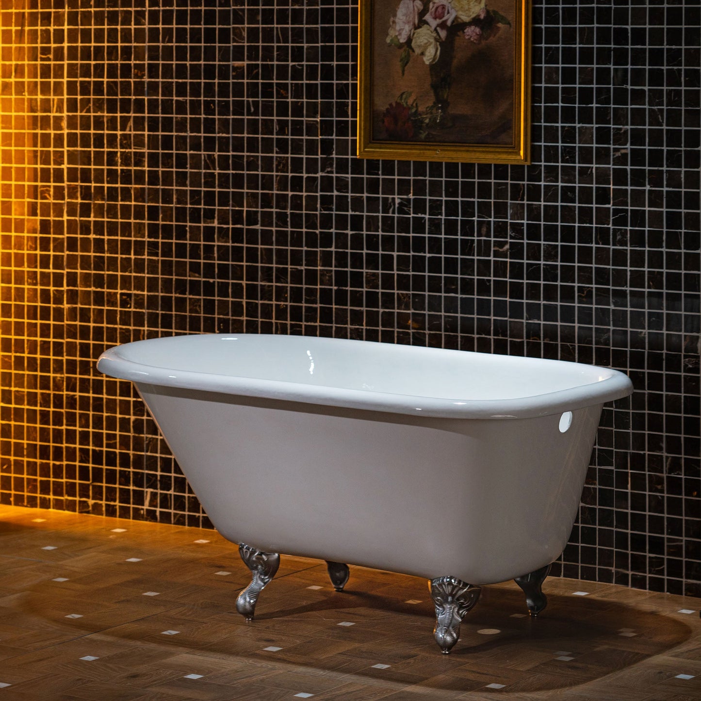 WOODBRIDGE 54" Enameled Cast Iron Roll Top Clawfoot Bathtub with Chrome Iron Feet, White, TC0354