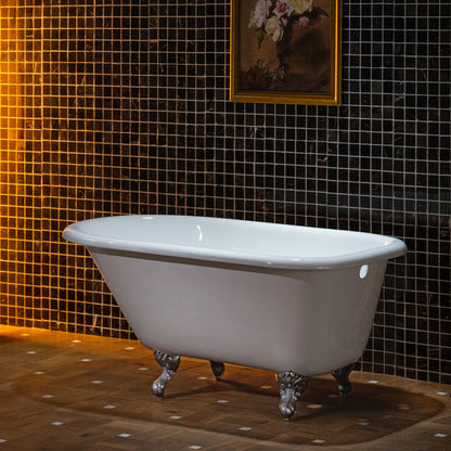 WOODBRIDGE 54" Enameled Cast Iron Roll Top Clawfoot Bathtub with Chrome Iron Feet, White, TC0354