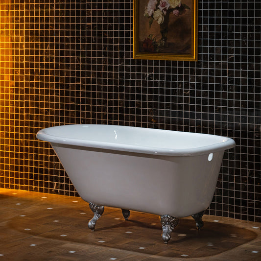 WOODBRIDGE 54" Enameled Cast Iron Roll Top Clawfoot Bathtub with Chrome Iron Feet, White, TC0354