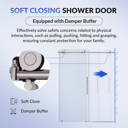 WOODBRIDGE Frameless Single Sliding Shower Doors, 57.5-60" Width x 62"Height with 3/8"(10mm) Clear Tempered Glass, Soft Close System and Explosion-Proof Film