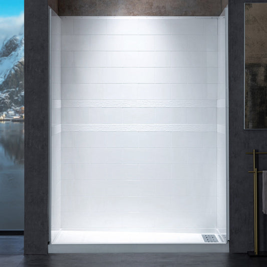 Woodbridge Solid Surface 60" W X 36'' D X 79" H Shower Wall Panel Surround, Two Install Option, Cuttable, Staggered Brick Pattern