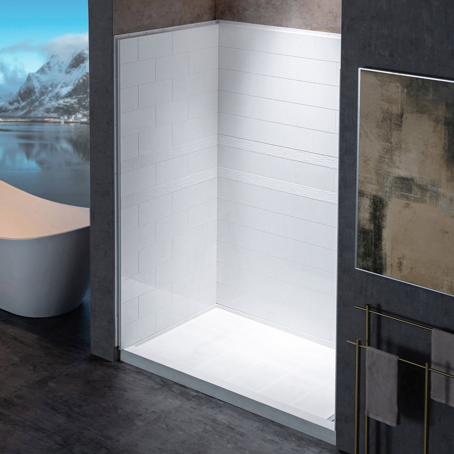 Woodbridge Solid Surface 60" W X 36'' D X 79" H Shower Wall Panel Surround, Two Install Option, Cuttable, Staggered Brick Pattern