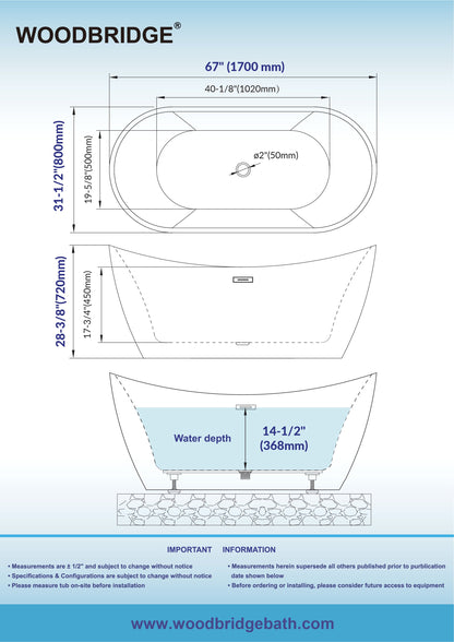 WOODBRIDGE 67" L x 31-1/2" W Freestanding Contemporary Acrylic Soaking Bathtub