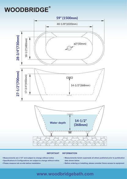 WOODBRIDGE 59" L x 28-3/4" W Freestanding Contemporary Acrylic Soaking Bathtub