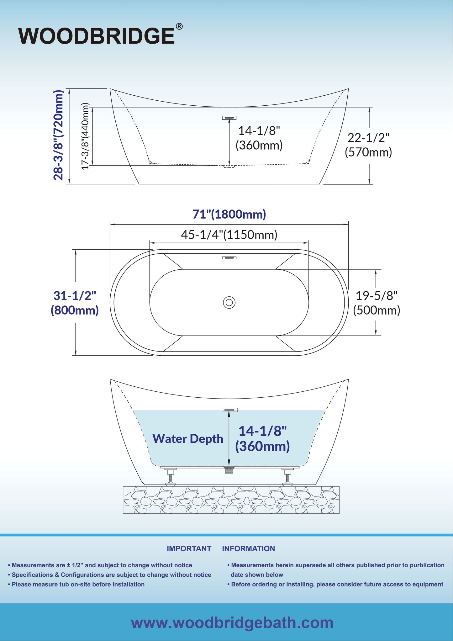 WOODBRIDGE 71" L x 31-1/2" W Freestanding Contemporary Acrylic Soaking Bathtub