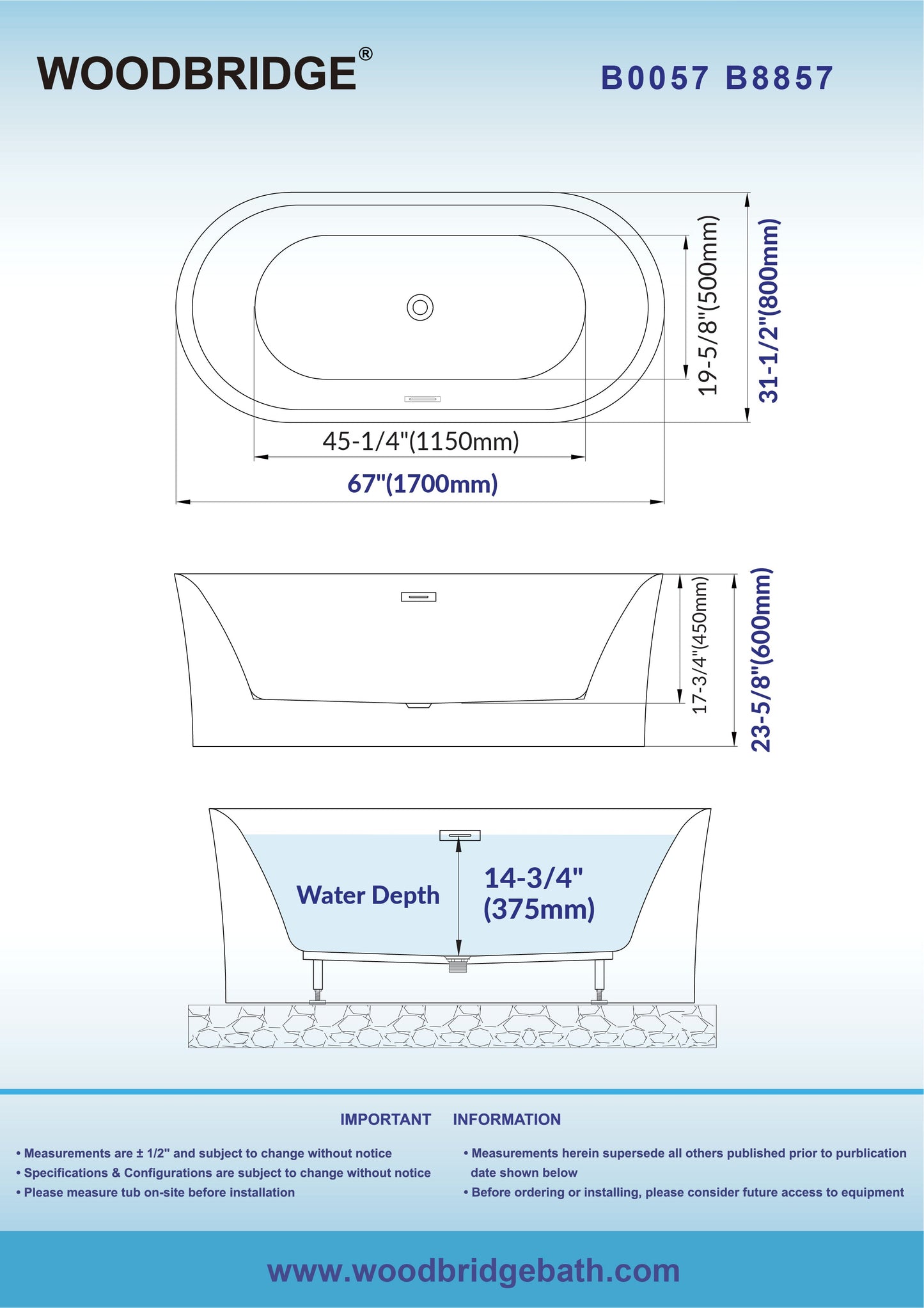 WOODBRIDGE 67" L x 31-1/2" W Freestanding Contemporary Acrylic Soaking Bathtub