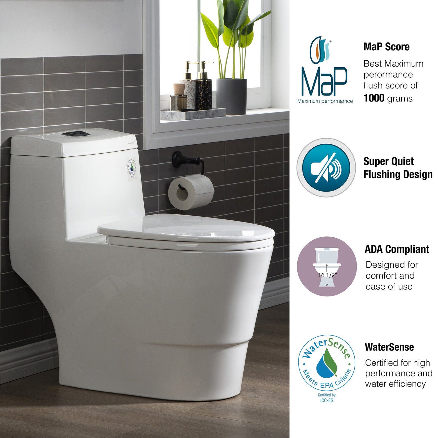WOODBRIDGE One Piece, 1.28 GPF Dual, Chair Height, Water Sensed, 1000 Gram MaP Flushing Score Toilet with Matte Black Button, White (2 -Pack)