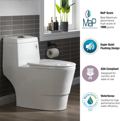 WOODBRIDGE One Piece, 1.28 GPF Dual, Chair Height, Water Sensed, 1000 Gram MaP Flushing Score Toilet with Matte Black Button, White (2 -Pack)