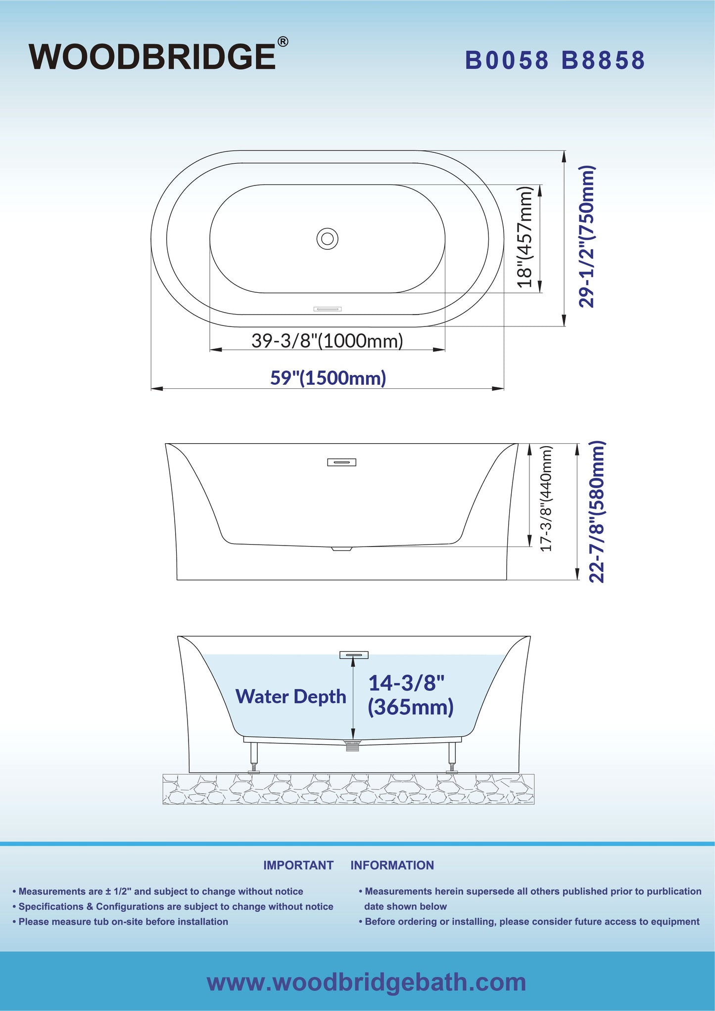 WOODBRIDGE 59" L x 29-1/2" W Freestanding Contemporary Acrylic Soaking Bathtub