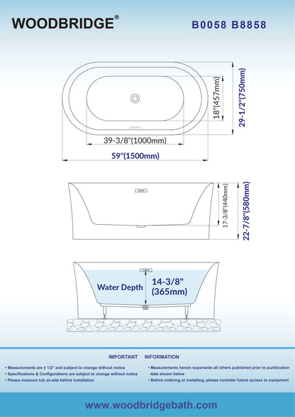 WOODBRIDGE 59" L x 29-1/2" W Freestanding Contemporary Acrylic Soaking Bathtub