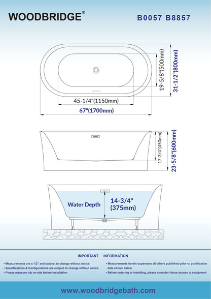WOODBRIDGE 67" L x 31-1/2" W Freestanding Contemporary Acrylic Soaking Bathtub