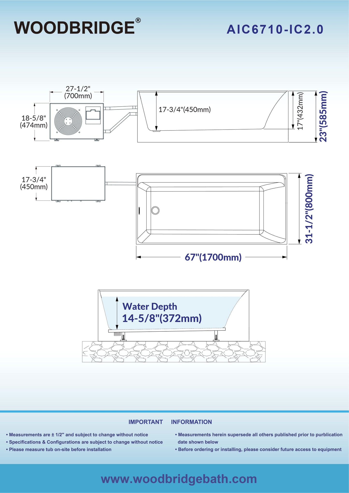 WOODBRIDGE 67" L x 31-1/2" W Freestanding Acrylic Cold Plunge Ice Tub with Chiller and Heater, Ozone sanitation, Filter circulation system, Insulated tub cover