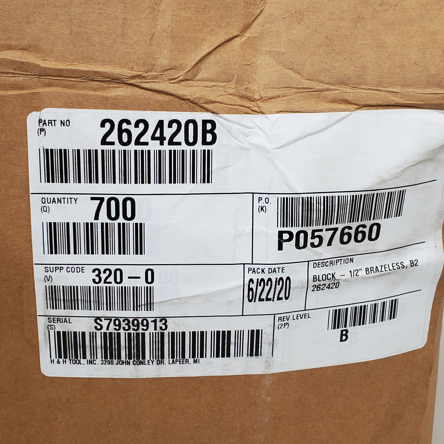 H&H TOOL INC (700 Pieces) Aluminum Brazeless Block 1/2" 262420B Auto Part 30lbs