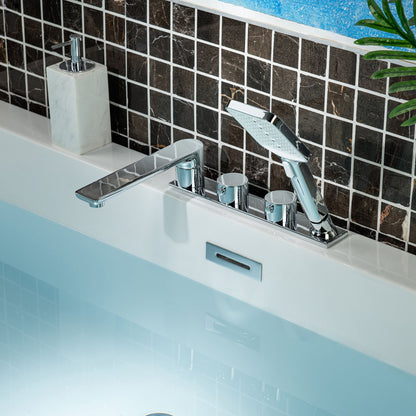 WOODBRIDGE Widespread Deck Mount Roman Tub Faucet with Hand Shower, Two-Handle 4-Holes Bathtub Shower Faucet Set