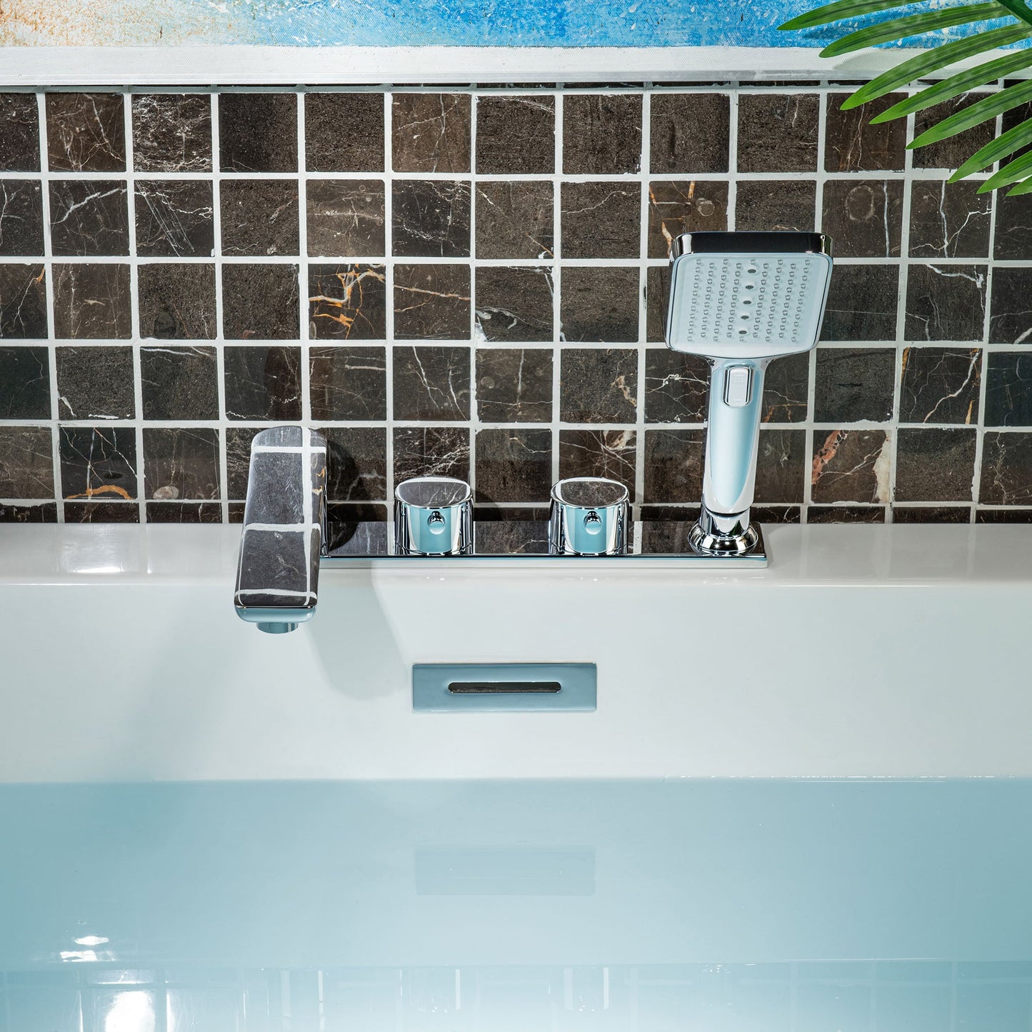 WOODBRIDGE Widespread Deck Mount Roman Tub Faucet with Hand Shower, Two-Handle 4-Holes Bathtub Shower Faucet Set