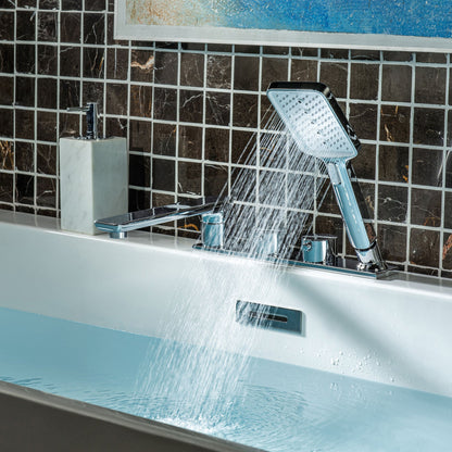 WOODBRIDGE Widespread Deck Mount Roman Tub Faucet with Hand Shower, Two-Handle 4-Holes Bathtub Shower Faucet Set