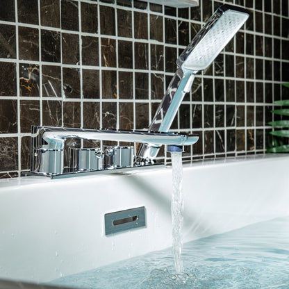 WOODBRIDGE Widespread Deck Mount Roman Tub Faucet with Hand Shower, Two-Handle 4-Holes Bathtub Shower Faucet Set