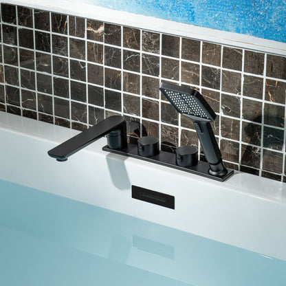 WOODBRIDGE Widespread Deck Mount Roman Tub Faucet with Hand Shower, Two-Handle 4-Holes Bathtub Shower Faucet Set