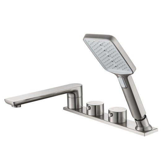 WOODBRIDGE Widespread Deck Mount Roman Tub Faucet with Hand Shower, Two-Handle 4-Holes Bathtub Shower Faucet Set