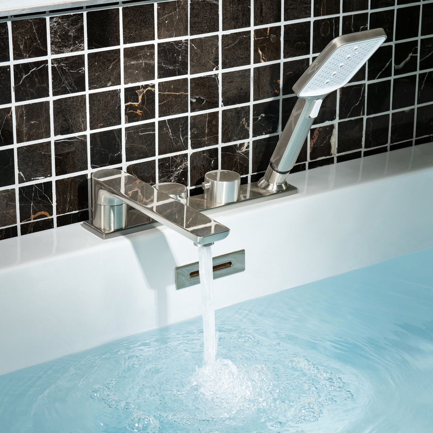 WOODBRIDGE Widespread Deck Mount Roman Tub Faucet with Hand Shower, Two-Handle 4-Holes Bathtub Shower Faucet Set