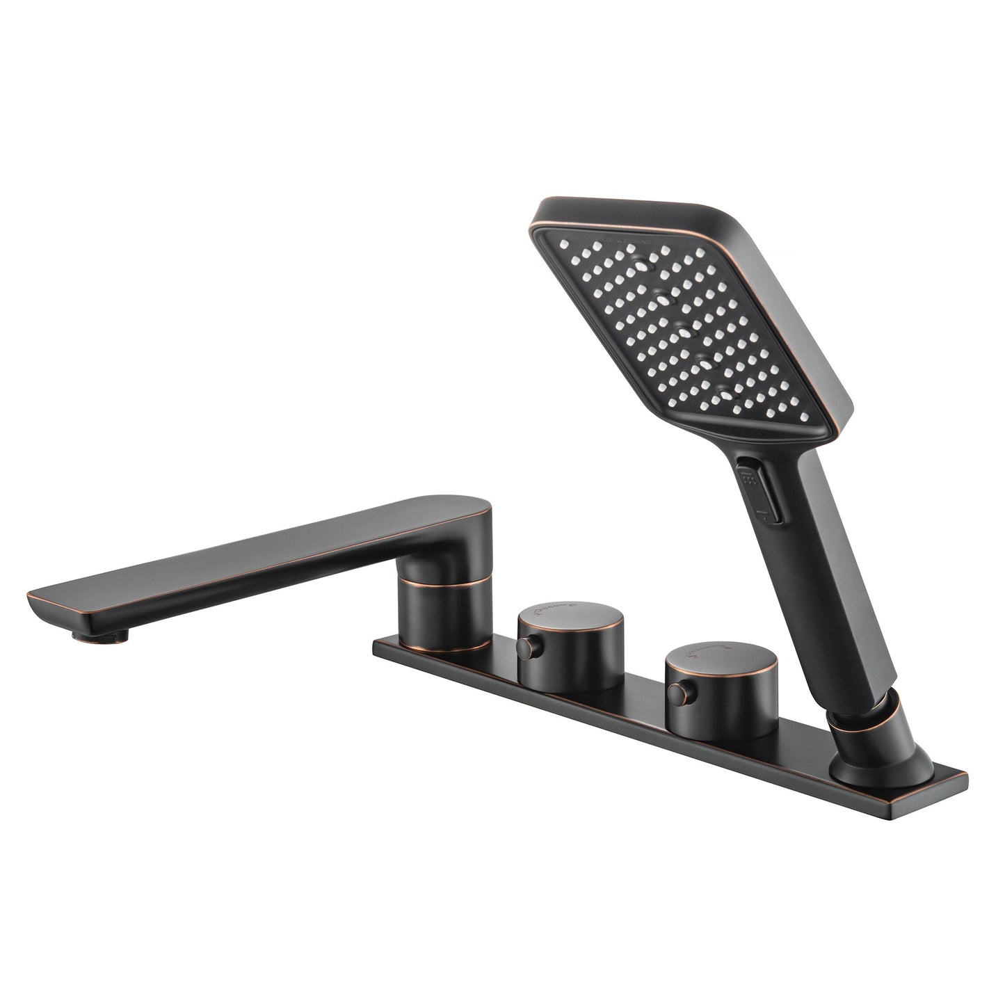 WOODBRIDGE Widespread Deck Mount Roman Tub Faucet with Hand Shower, Two-Handle 4-Holes Bathtub Shower Faucet Set