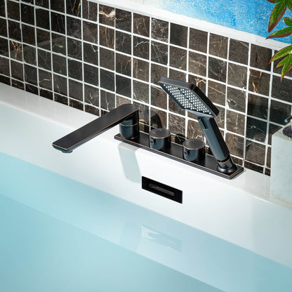 WOODBRIDGE Widespread Deck Mount Roman Tub Faucet with Hand Shower, Two-Handle 4-Holes Bathtub Shower Faucet Set