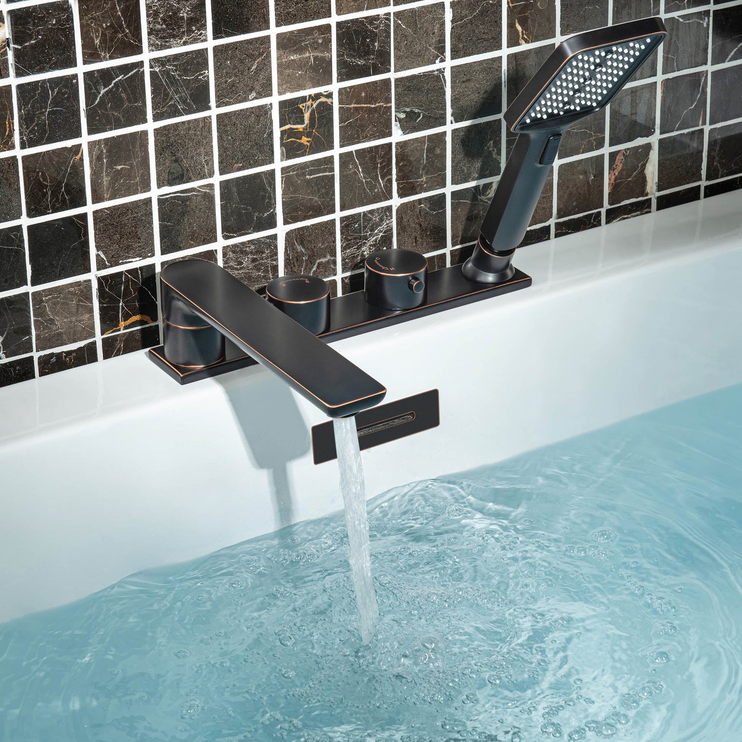 WOODBRIDGE Widespread Deck Mount Roman Tub Faucet with Hand Shower, Two-Handle 4-Holes Bathtub Shower Faucet Set