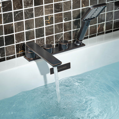 WOODBRIDGE Widespread Deck Mount Roman Tub Faucet with Hand Shower, Two-Handle 4-Holes Bathtub Shower Faucet Set