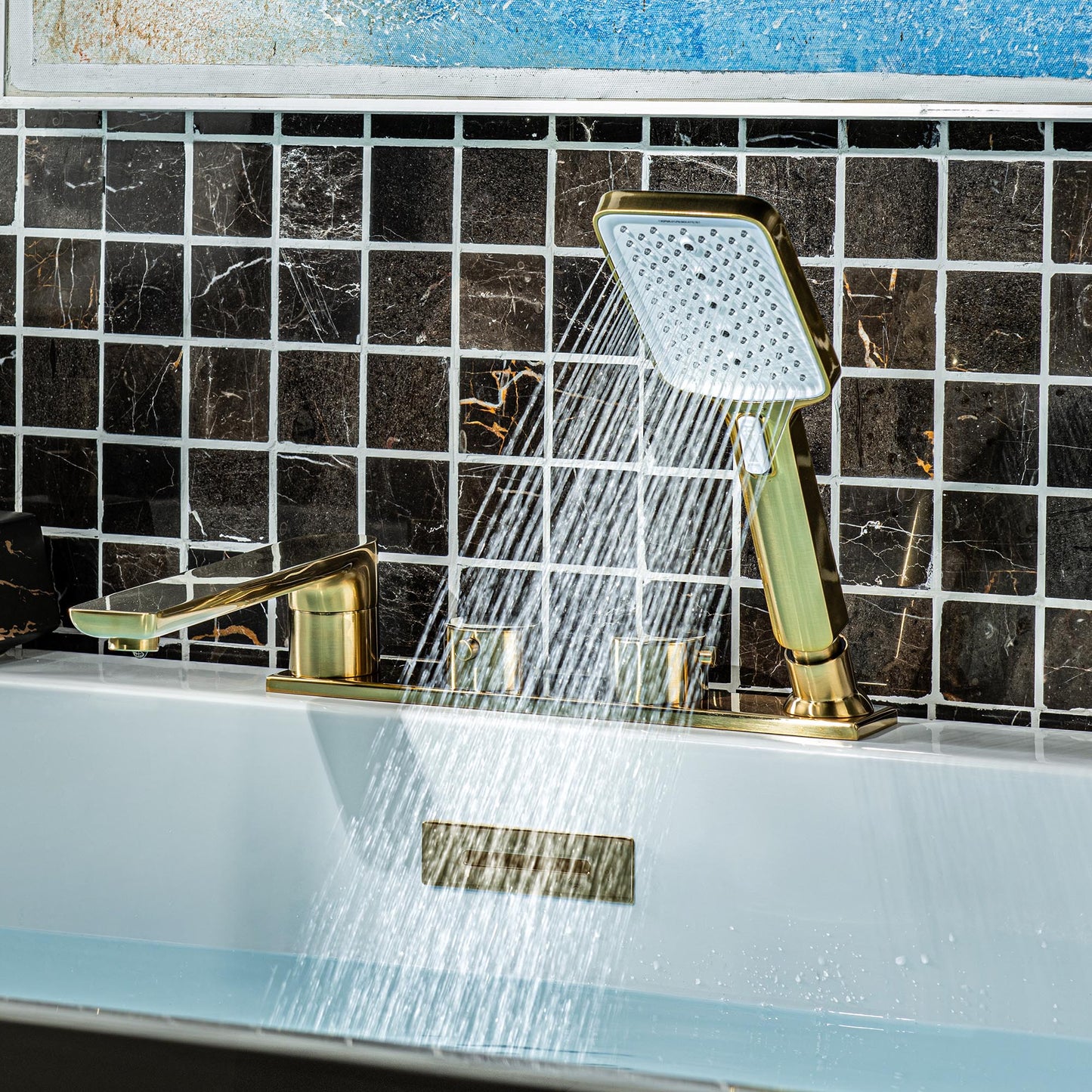 WOODBRIDGE Widespread Deck Mount Roman Tub Faucet with Hand Shower, Two-Handle 4-Holes Bathtub Shower Faucet Set