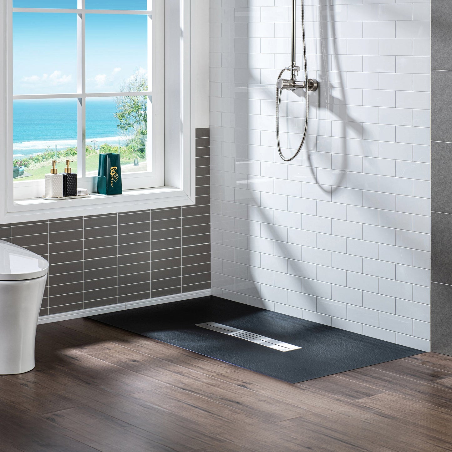 WOODBRIDGE 47.5 in L x 35.4 in W Zero Threshold End Drain Shower Base with Center Drain Placement, Matching Decorative Drain Plate and Tile Flange, Wheel Chair Access, Low Profile
