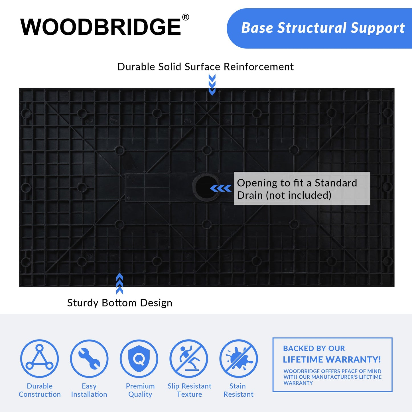 WOODBRIDGE 47.5 in L x 35.4 in W Zero Threshold End Drain Shower Base with Center Drain Placement, Matching Decorative Drain Plate and Tile Flange, Wheel Chair Access, Low Profile