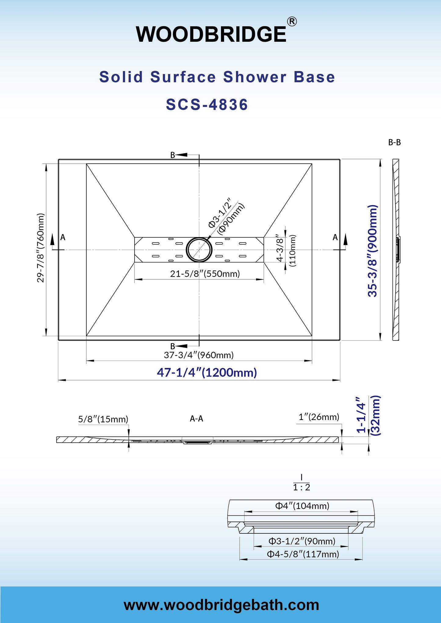 WOODBRIDGE 47.5 in L x 35.4 in W Zero Threshold End Drain Shower Base with Center Drain Placement, Matching Decorative Drain Plate and Tile Flange, Wheel Chair Access, Low Profile
