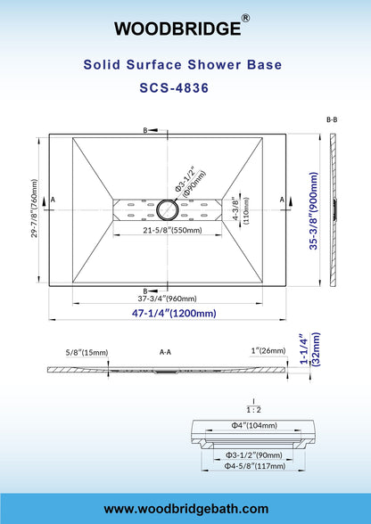 WOODBRIDGE 47.5 in L x 35.4 in W Zero Threshold End Drain Shower Base with Center Drain Placement, Matching Decorative Drain Plate and Tile Flange, Wheel Chair Access, Low Profile