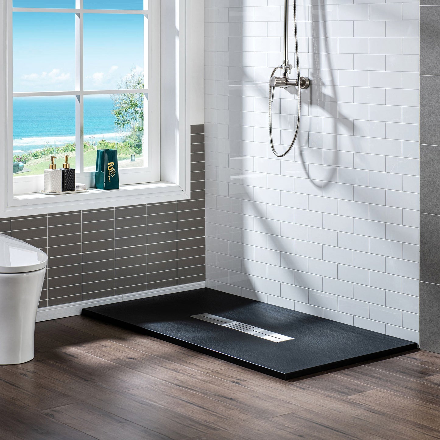 WOODBRIDGE 59 in L x 35.4 in W Zero Threshold End Drain Shower Base with Center Drain Placement, Matching Decorative Drain Plate and Tile Flange, Wheel Chair Access, Low Profile