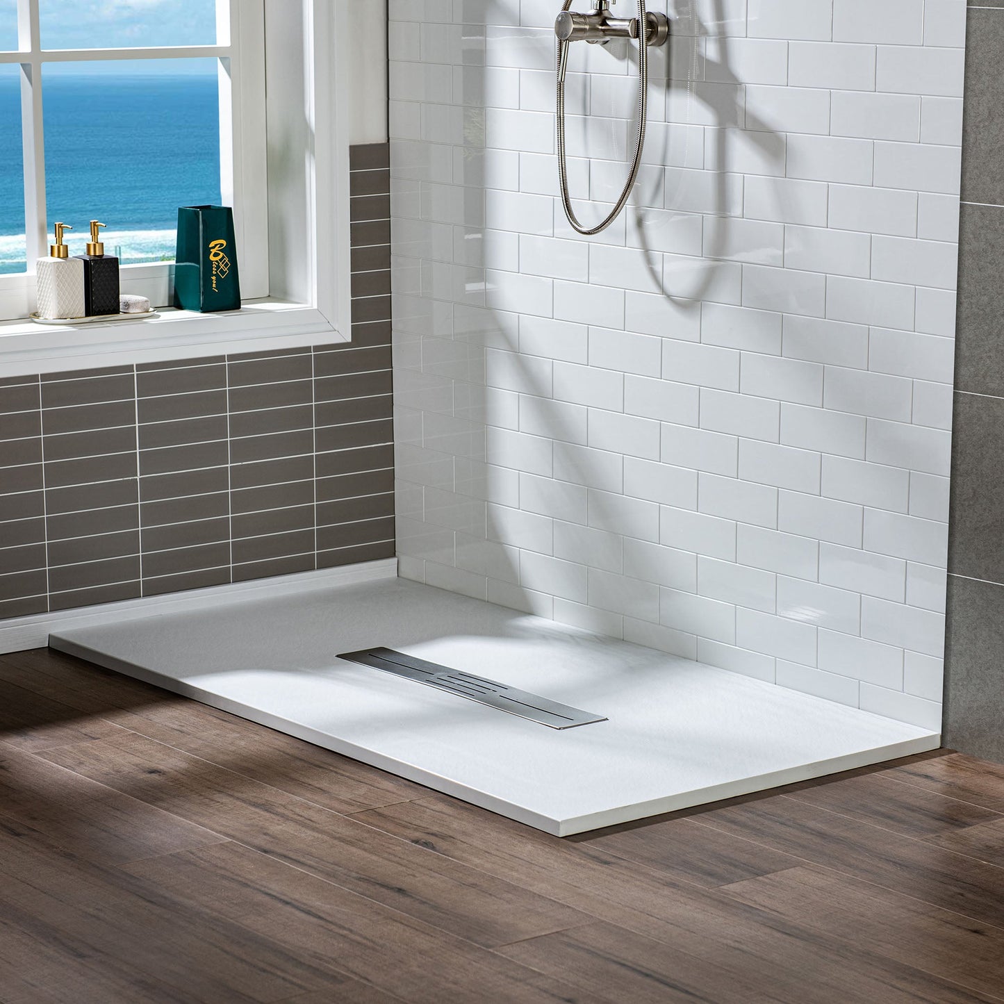 WOODBRIDGE 47.5 in L x 35.4 in W Zero Threshold End Drain Shower Base with Center Drain Placement, Matching Decorative Drain Plate and Tile Flange, Wheel Chair Access, Low Profile