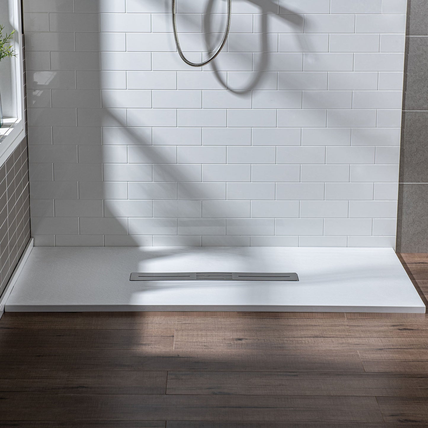WOODBRIDGE 59 in L x 35.4 in W Zero Threshold End Drain Shower Base with Center Drain Placement, Matching Decorative Drain Plate and Tile Flange, Wheel Chair Access, Low Profile