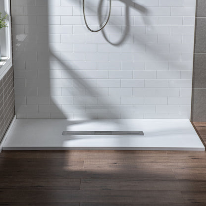 WOODBRIDGE 59 in L x 35.4 in W Zero Threshold End Drain Shower Base with Center Drain Placement, Matching Decorative Drain Plate and Tile Flange, Wheel Chair Access, Low Profile