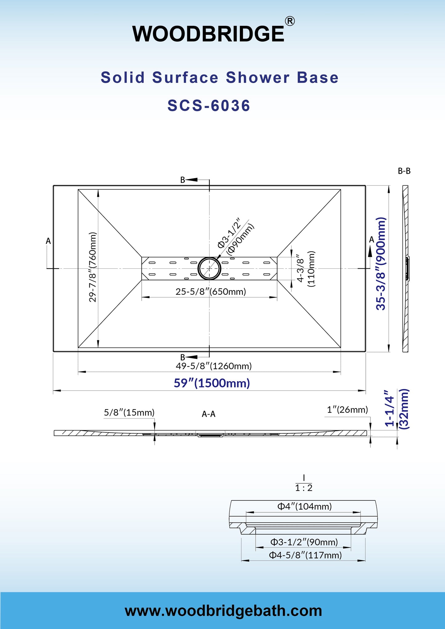 WOODBRIDGE 59 in L x 35.4 in W Zero Threshold End Drain Shower Base with Center Drain Placement, Matching Decorative Drain Plate and Tile Flange, Wheel Chair Access, Low Profile
