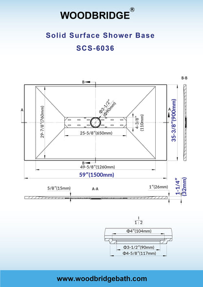 WOODBRIDGE 59 in L x 35.4 in W Zero Threshold End Drain Shower Base with Center Drain Placement, Matching Decorative Drain Plate and Tile Flange, Wheel Chair Access, Low Profile