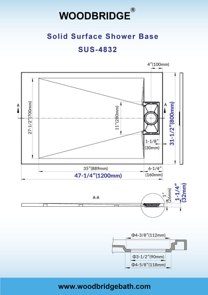 WOODBRIDGE 47.5 in L x 31.5 in W Zero Threshold End Drain Shower Base with Reversible Drain Placement, Matching Decorative Drain Plate and Tile Flange, Wheel Chair Access, Low Profile
