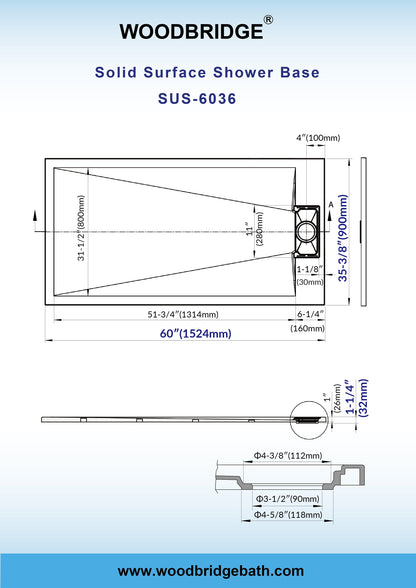 WOODBRIDGE 60 in L x 35.4 in W Zero Threshold End Drain Shower Base with Reversible Drain Placement, Matching Decorative Drain Plate and Tile Flange, Wheel Chair Access, Low Profile