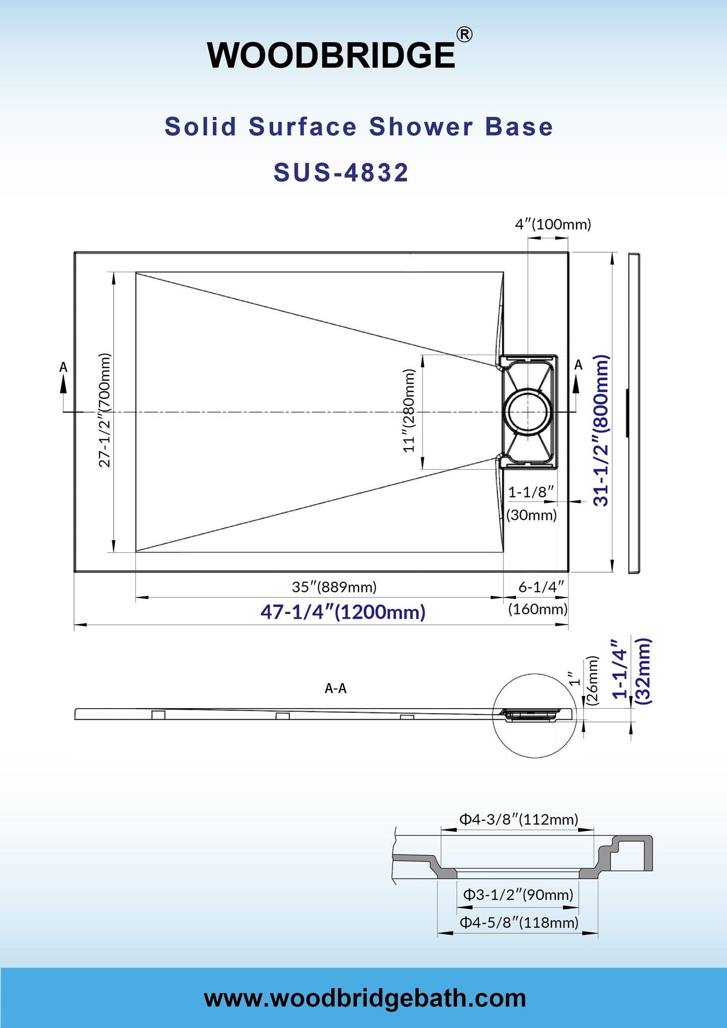 WOODBRIDGE 47.5 in L x 31.5 in W Zero Threshold End Drain Shower Base with Reversible Drain Placement, Matching Decorative Drain Plate and Tile Flange, Wheel Chair Access, Low Profile