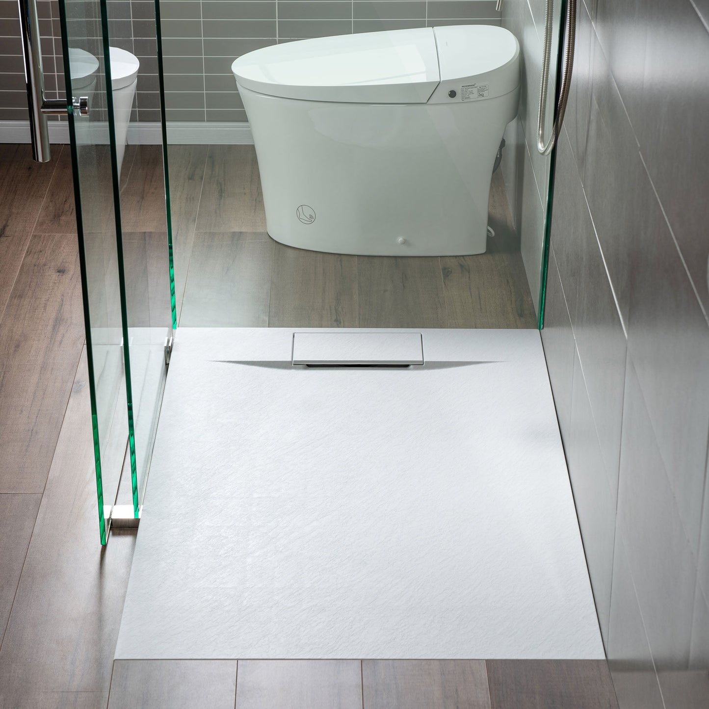 WOODBRIDGE 47.5 in L x 31.5 in W Zero Threshold End Drain Shower Base with Reversible Drain Placement, Matching Decorative Drain Plate and Tile Flange, Wheel Chair Access, Low Profile