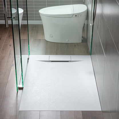 WOODBRIDGE 47.5 in L x 31.5 in W Zero Threshold End Drain Shower Base with Reversible Drain Placement, Matching Decorative Drain Plate and Tile Flange, Wheel Chair Access, Low Profile