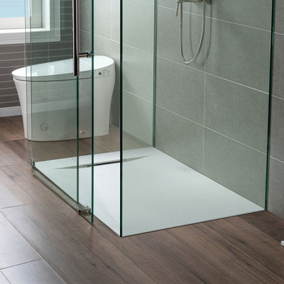 WOODBRIDGE 60 in L x 35.4 in W Zero Threshold End Drain Shower Base with Reversible Drain Placement, Matching Decorative Drain Plate and Tile Flange, Wheel Chair Access, Low Profile