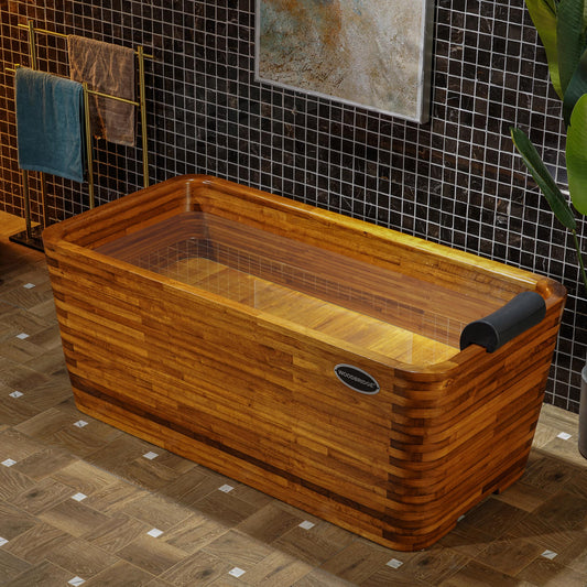 WOODBRIDGE 59" Freestanding Handcrafted Natural Wood Soaking Rectangular Bathtub