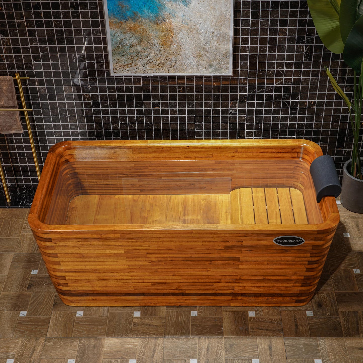 WOODBRIDGE 59" Freestanding Handcrafted Natural Wood Soaking Rectangular Bathtub