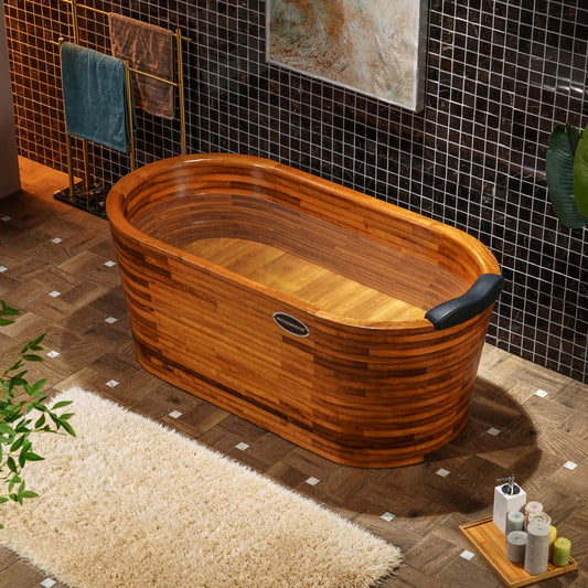 WOODBRIDGE 59" Freestanding Handcrafted Natural Wood Soaking Oval Bathtub